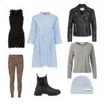 Pludselig mode til vinter - sorte støvler, damecoat, hvid og blå kjole, strikket cardigan, læderjakke, leopardprint bukser, vinterhat.