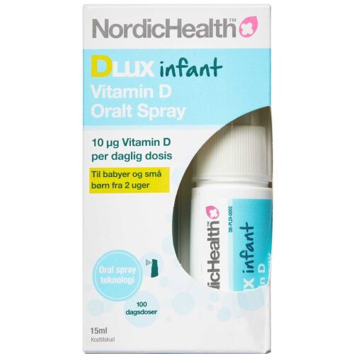 NordicHealth Dlux infant vitamin D oralt spray til spædbørn og små børn fra 2 uger, 15 ml flaske for daglig dosering.